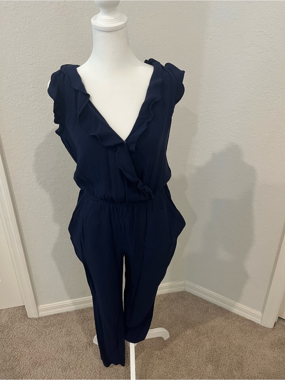 Ruffle V-Neck Navy Sleeveless Jumpsuit
